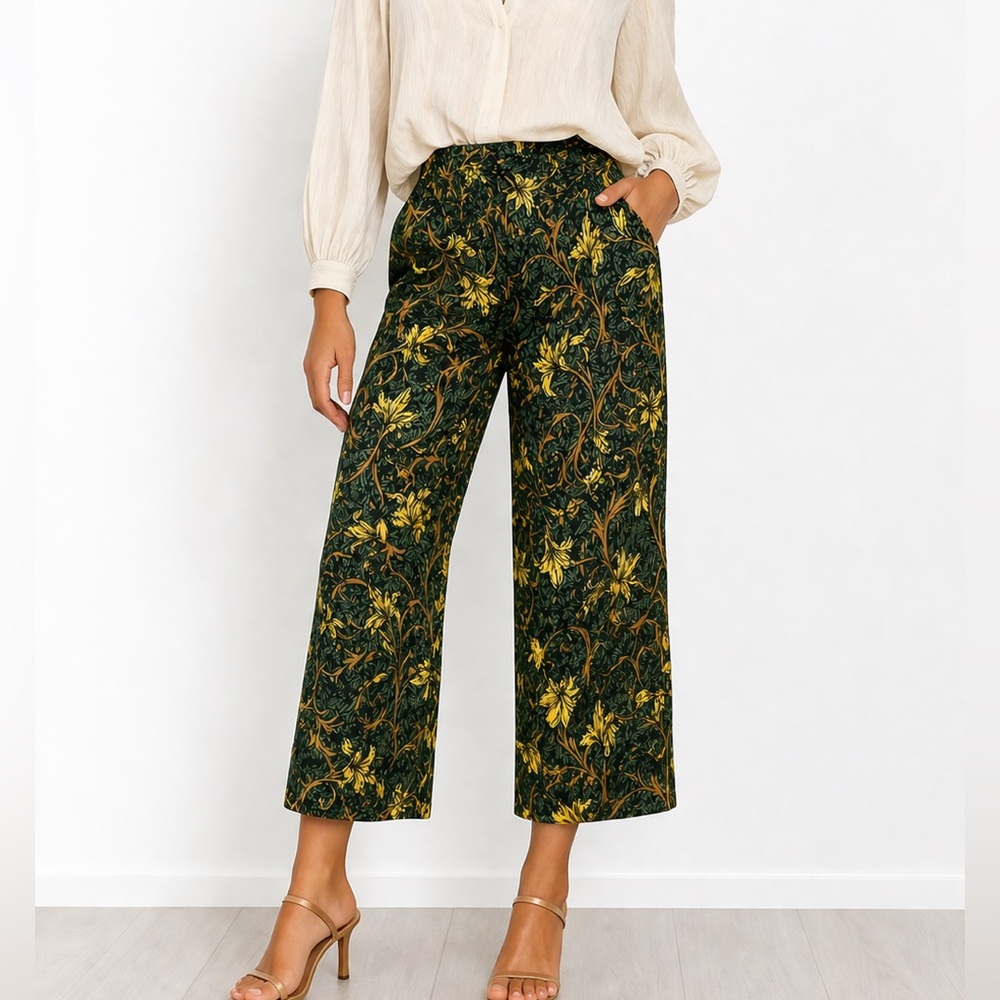 Zara Dark Green Floral Print Capris  with Yellow Accents